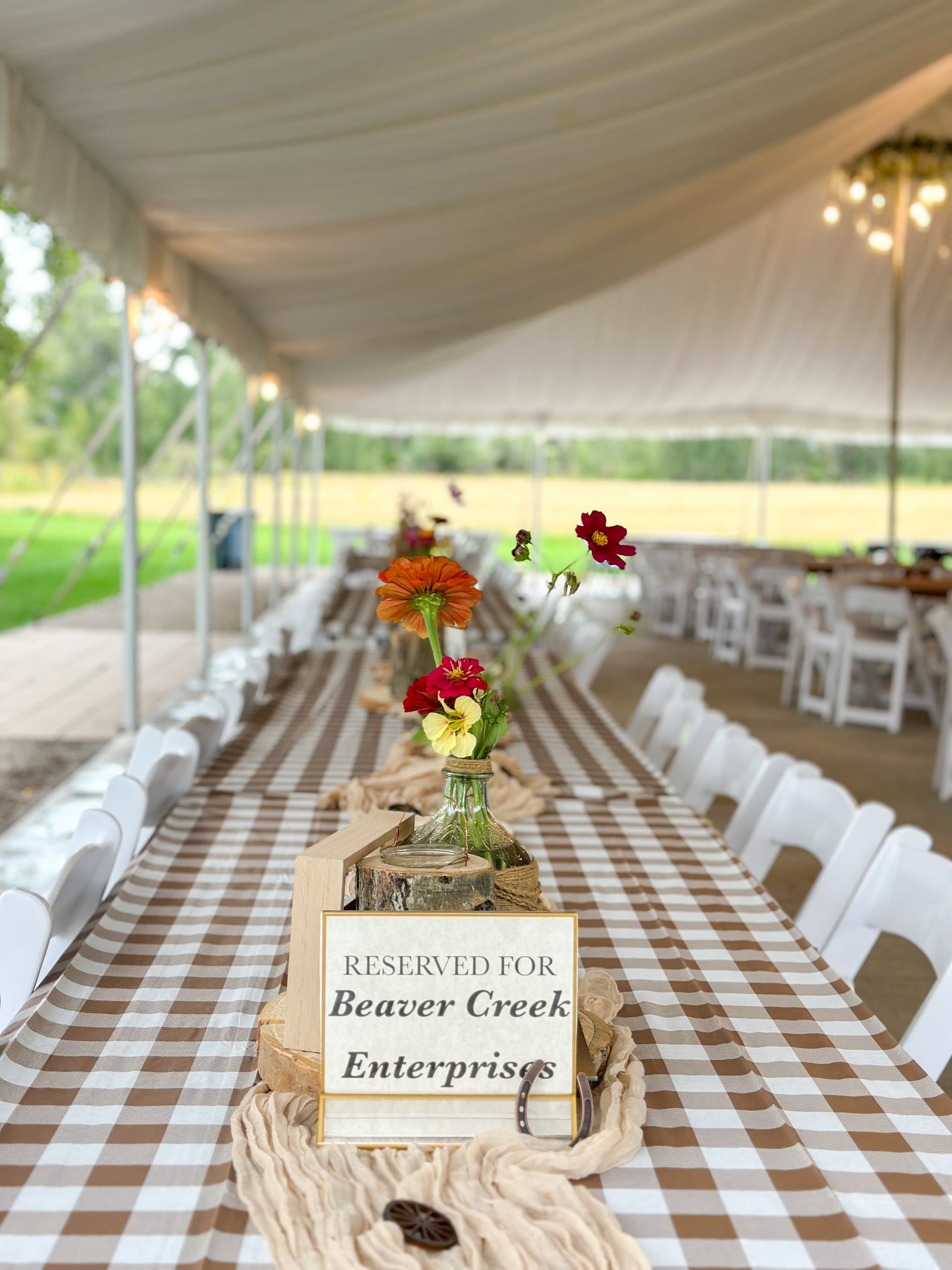 Elegant chuckwagon dinner table under tent with gingham tablecloth, fresh flowers, and reserved seating