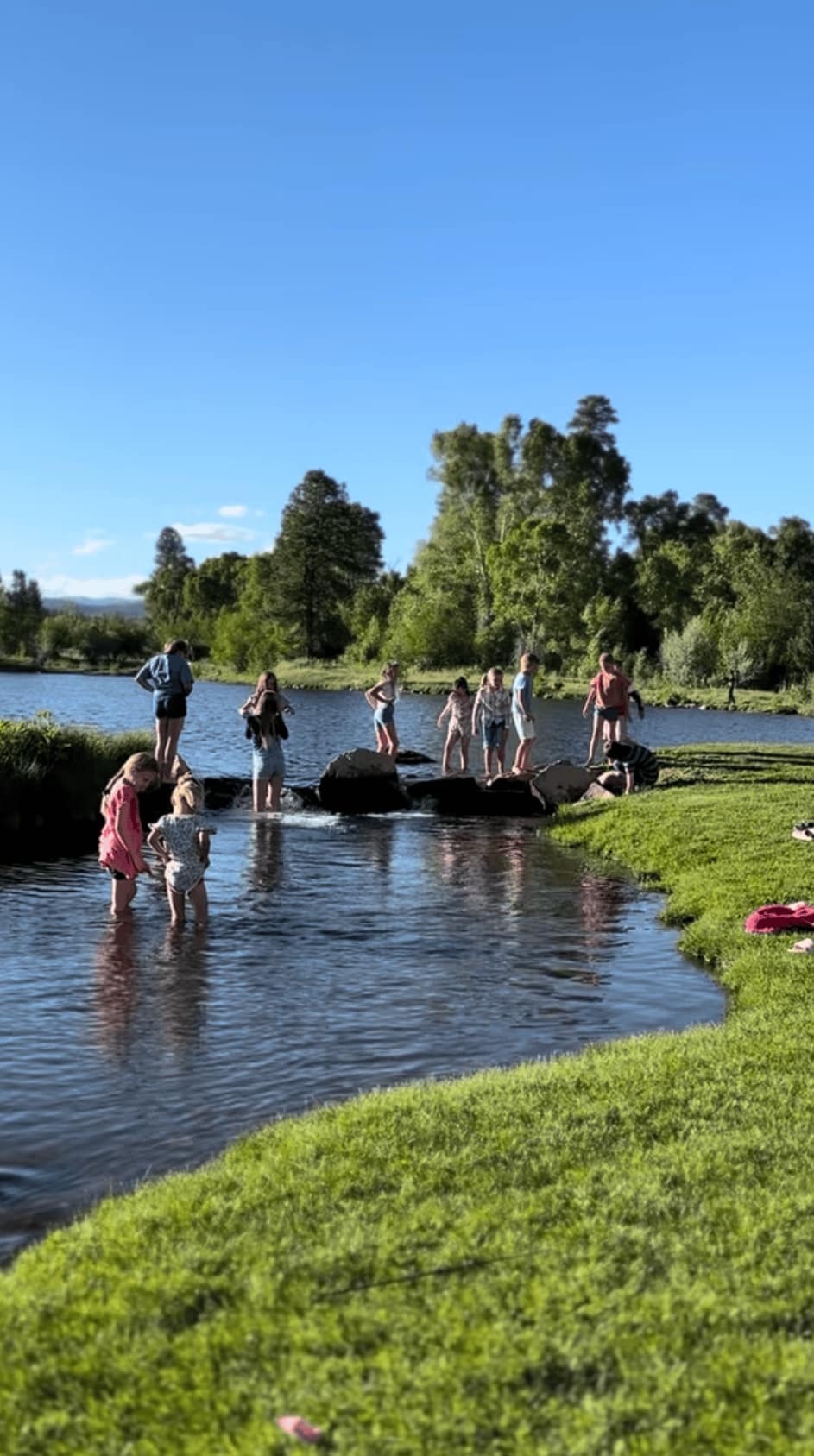 Children playing and wading in the stream at LePlatt's Pond on a summer evening