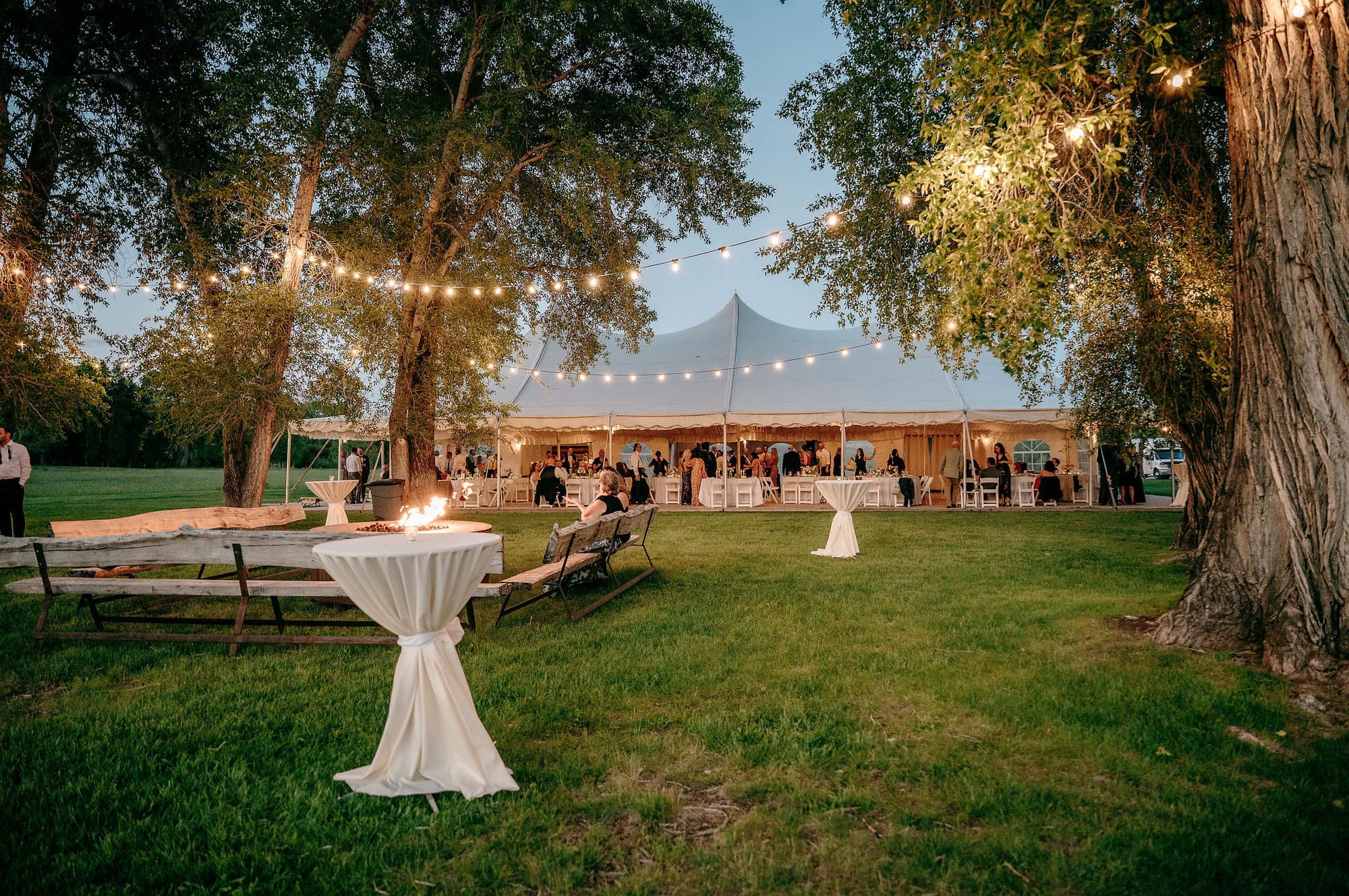 Evening view of the reception tent at dusk with string lights between cottonwood trees, fire pit, and cocktail tables on the lawn