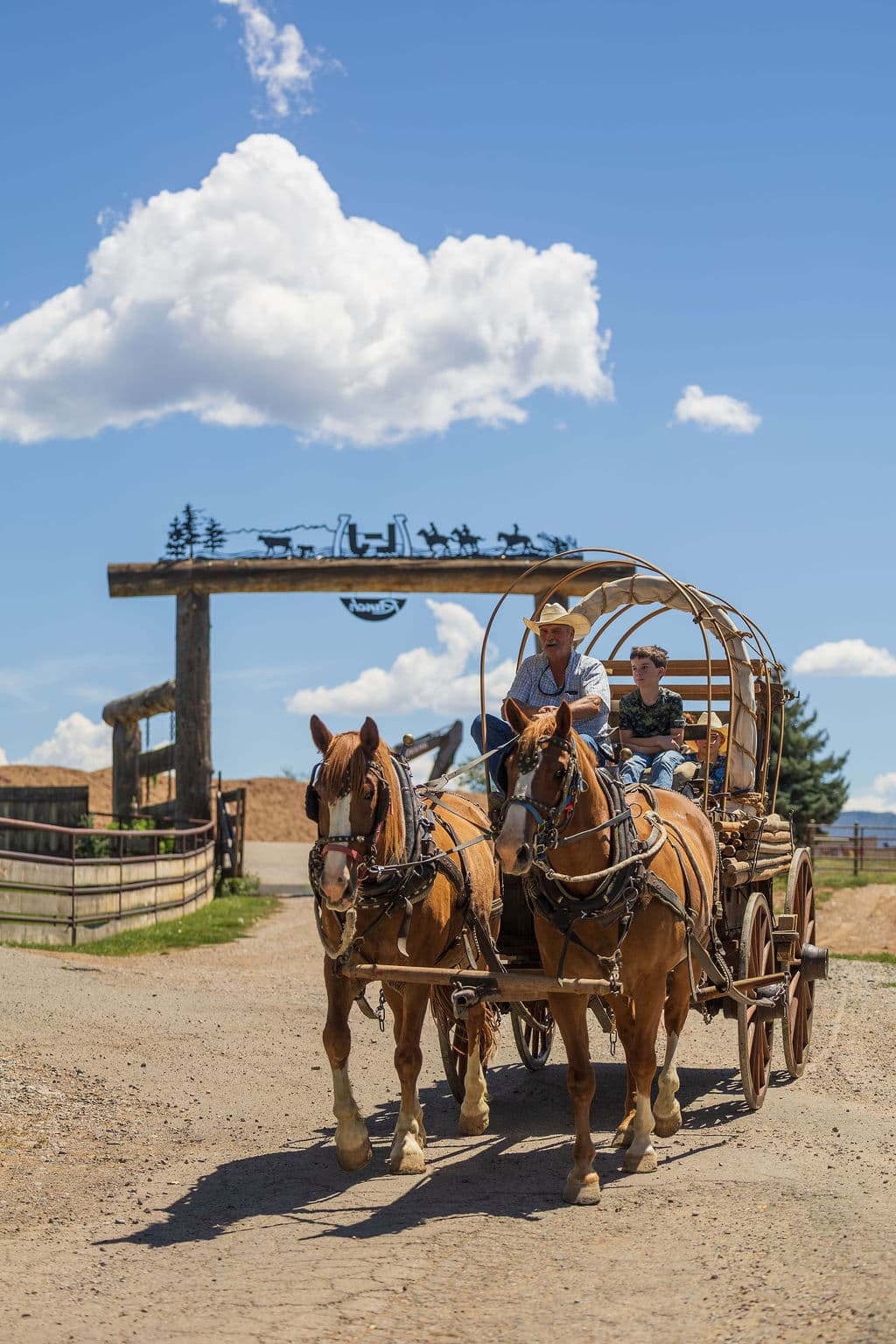 Horse-drawn chuckwagon arriving at the ranch