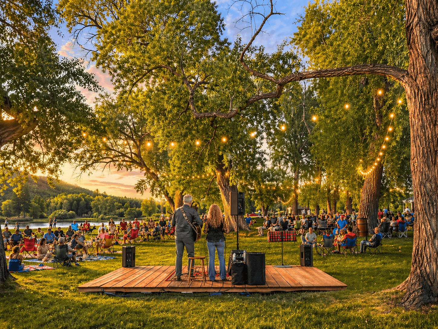 Musicians performing on the outdoor stage beneath towering cottonwood trees as the crowd relaxes on the lawn at Locals Night